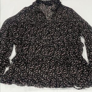 All Saints Black Blouse with Pink Ditsy Print and Ruffle Tiers